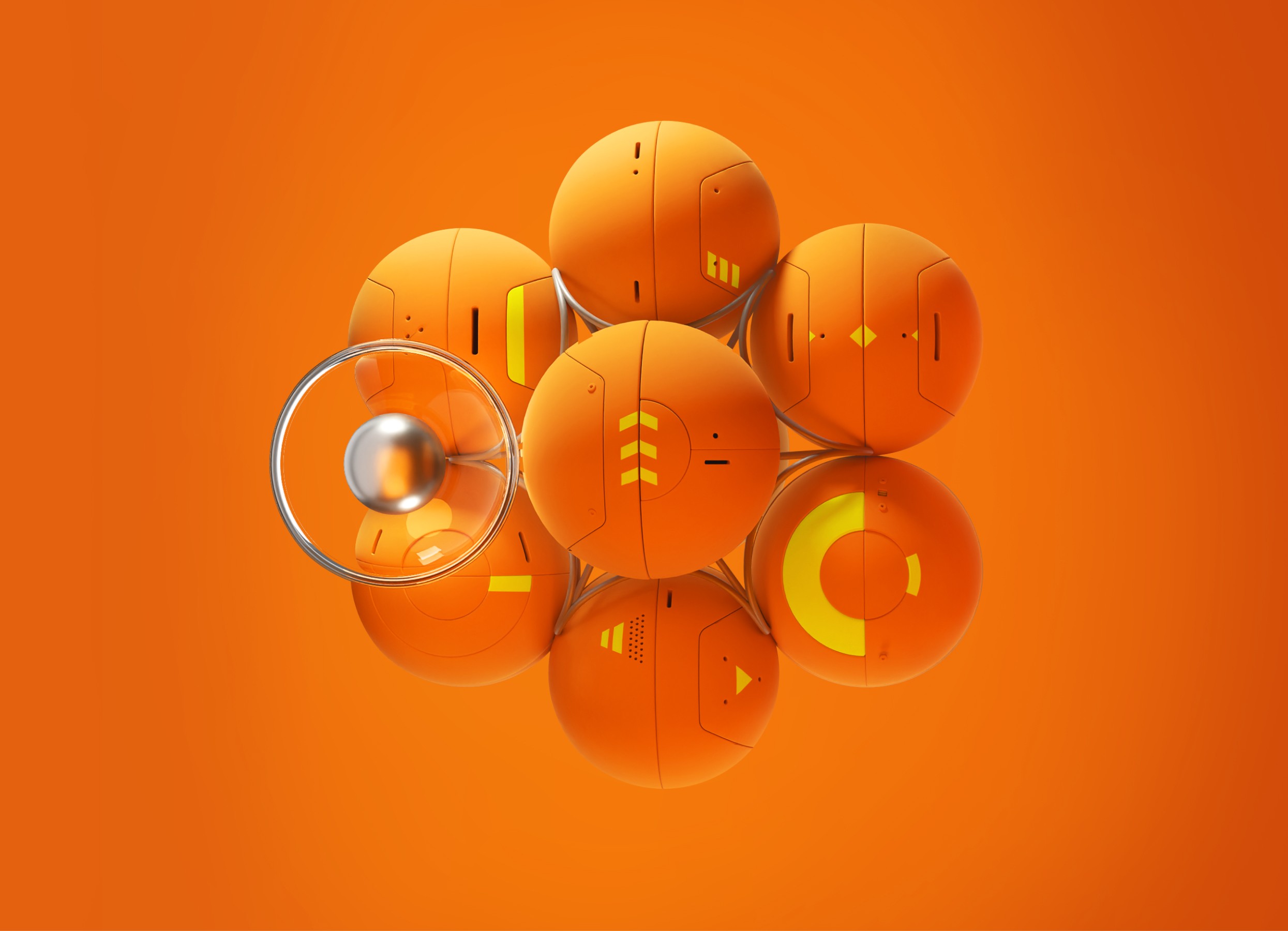 Orange modular robotic spheres on an orange background