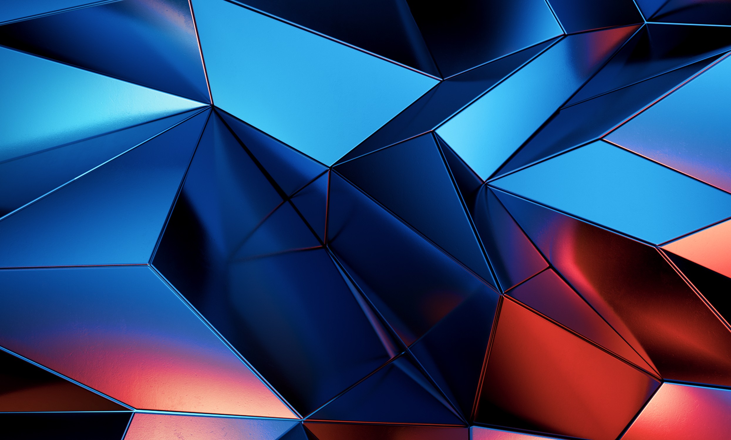 Faceted blue and red metallic architectural surface
