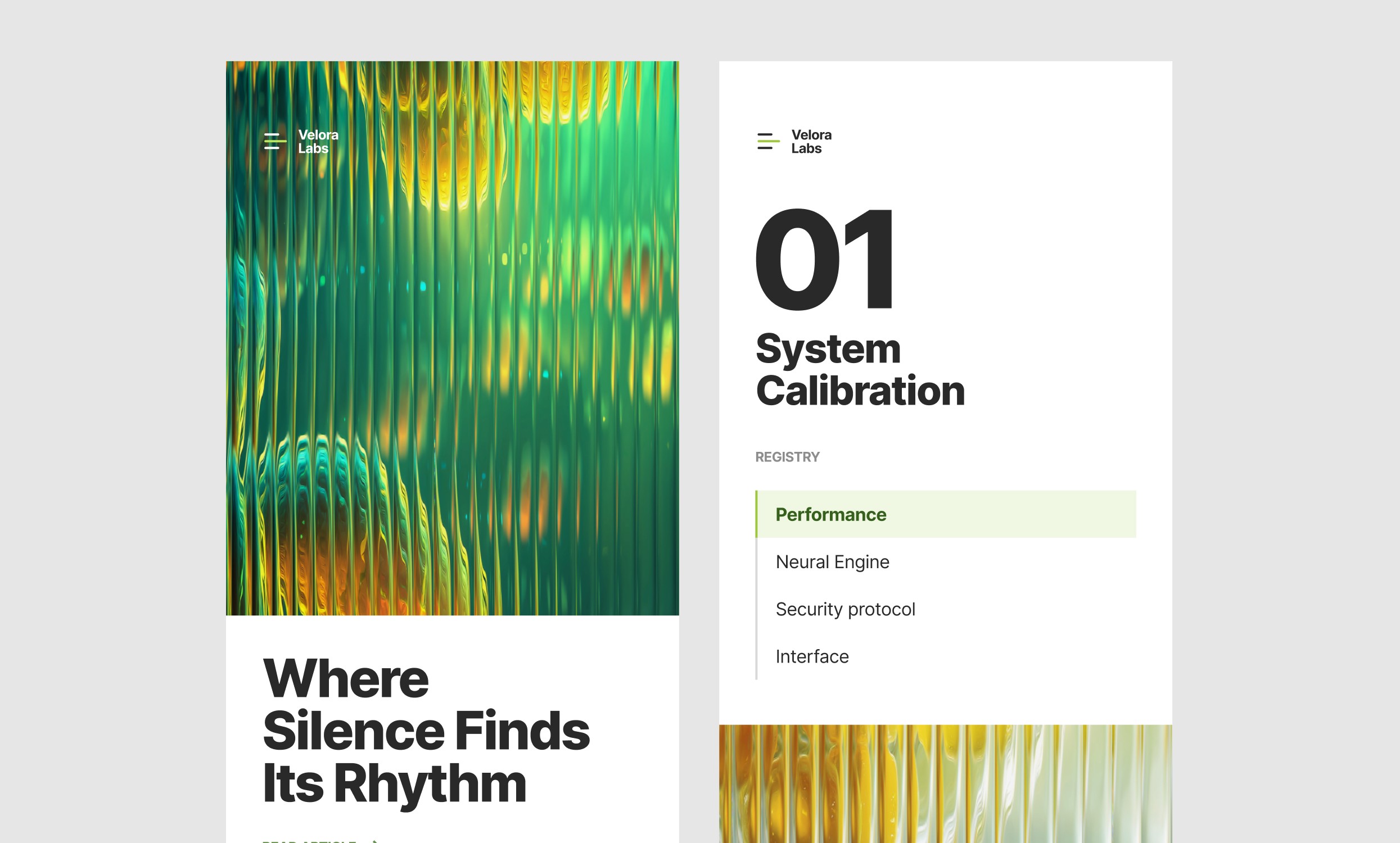 Velora Labs brand pages with a green ribbed-glass cover and a System Calibration screen